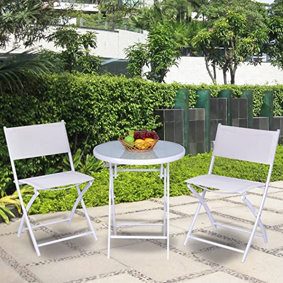 Outdoor Folding Garden Backyard 3-Piece Courtyard Terrace Bistro Dining Table and Chair Set