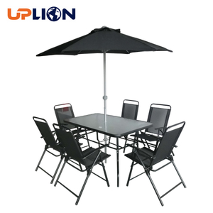 Uplion 6 seats folding steel outdoor garden furniture set patio dining table and chair with umbrella set