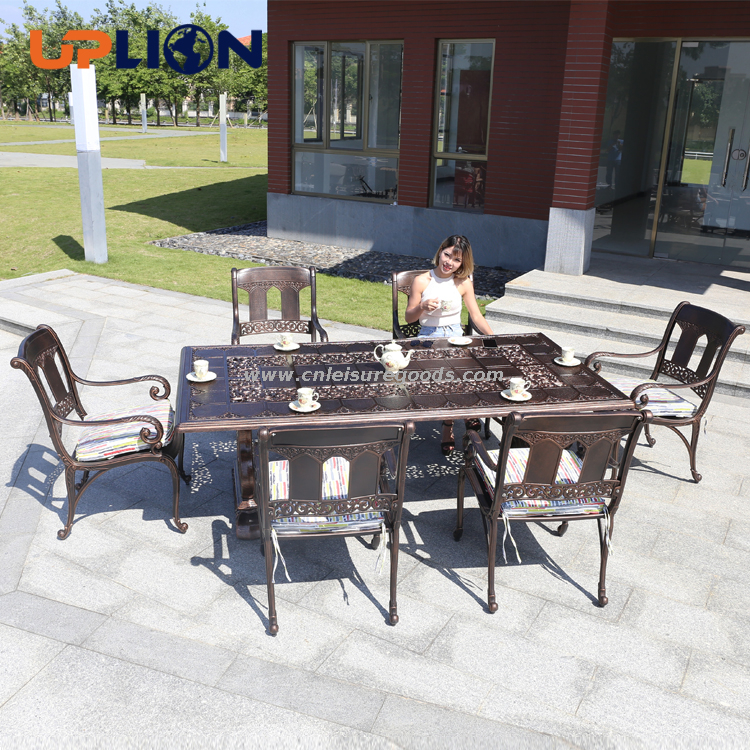Uplion Disassembly Structure Outdoor Cast Aluminum Furniture Set Luxury Big Size One Garden Table with 6pcs Chair